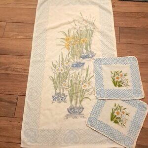 Vintage Fieldcrest‎ daisy daffodil towel set bath washcloth blue white lattice